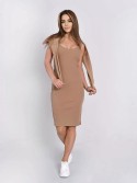 Women\'s set pencil dress with short oversized blouse beige FI765